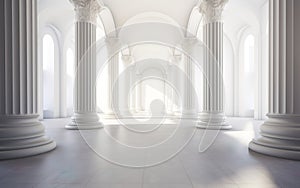 antique white panorama with shadow from columns. Arched architectural perspective in classic style.