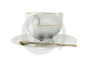 Antique white porcelain cup with gold, gold tea spoon on white. 3D Illustration