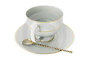 Antique white porcelain cup with gold, gold tea spoon on white. 3D Illustration