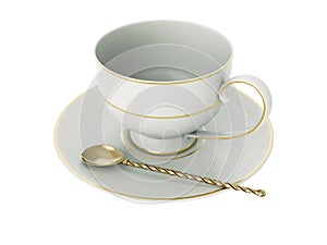 Antique white porcelain cup with gold, gold tea spoon on white. 3D Illustration