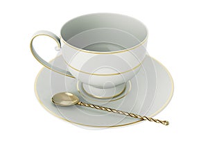 Antique white porcelain cup with gold, gold tea spoon on white. 3D Illustration