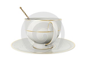 Antique white porcelain cup with gold, gold tea spoon on white. 3D Illustration