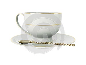 Antique white porcelain cup with gold, gold tea spoon on white. 3D Illustration