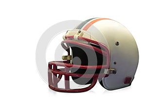 Antique white and red American football helmet on white background, object, copy space