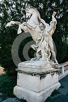 Antique white statue with man and horse on the background of green tree in Wien. Maria Theresien Platz in Wien. Beautiful