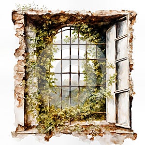 An antique Window In An Abandoned House in the style of a vintage illustration