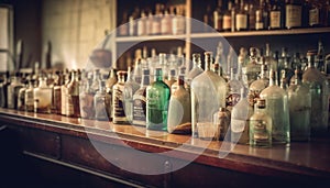 Antique wine bottles in a row on old wooden shelf generated by AI