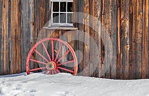 Antique Wood Old Red Wagon Wheel Snow