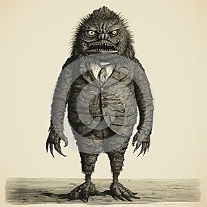 Antique Woodcut Engraving Of Terrible Monster In A Suit
