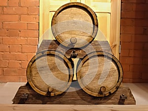 Antique wooden barrels of gunpowder. Close-up