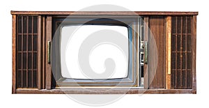 Antique wooden box television with cut out frame screen isolate on white with clipping path for object