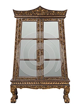 Antique wooden cabinet with glass doors isolated on white