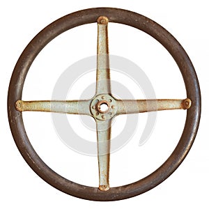 Antique wooden car steering wheel isolated on white