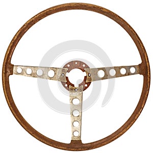 Antique wooden car steering wheel isolated on white photo