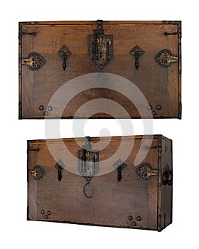 Antique wooden chest isolated on white background