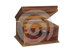 Antique wooden chest with key and raised lid, inside empty, isolated on white background