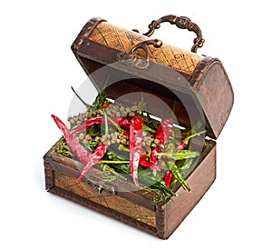 Antique wooden chest and spices