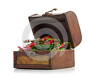 Antique wooden chest and spices