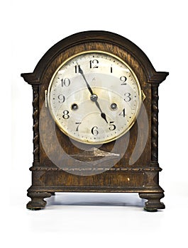 Antique Wooden Clock on White Background