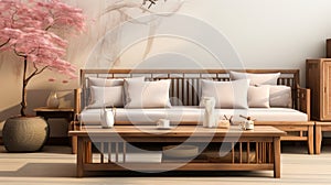 Antique wooden coffee table with dehumidifier humidifier in vintage Chinese living room wood day bed sofa in sunlight beige wall