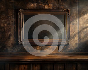 Antique wooden frame, wallmounted, dim room, spotlight on texture , 8K resolution