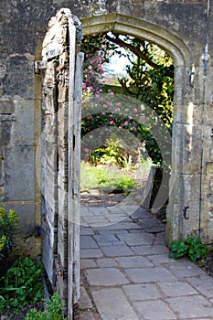 Antique wooden garden door in a garden wall, East Sussex, UK