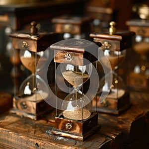 Antique Wooden Hourglasses on Shelf