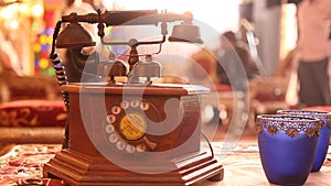 Antique wooden Land Phone closeup