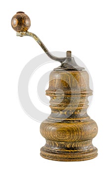 Antique wooden pepper grinder isoalted on white