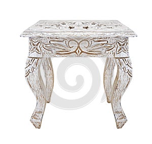 Antique wooden table isolated on white background. Details of modern boho, bohemian , scandinavian style . eco design