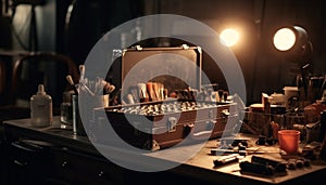 Antique work tools on wooden table in dark workshop studio generated by AI