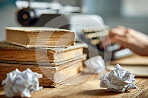 Stacks of aged hardcover books and crumpled paper on wooden desk with blurred hand typing on vintage typewriter in background