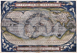 Antique world map by Abraham Ortelius, circa 1570 photo