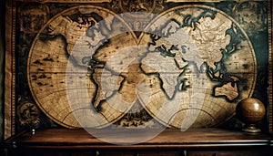 Antique world map on stained wood desk, a journey through history generated by AI