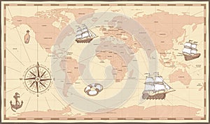 Antique world map. Vintage compass and retro ship on ancient marine map. Old countries boundaries vector illustration