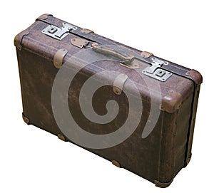 Antique worn leather suitcase isolated