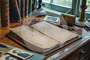 Antique Writing Desk with Open Vintage Journal, Quill Pen and Inkwell, Classical Study Room Setting with Old Photographs and Books