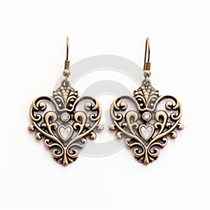 Antiqued Brass Heart-shaped Earrings With Rococo-inspired Gold Details