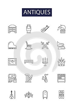 Antiques line vector icons and signs. Antique, Collectibles, Heirlooms, Memorabilia, Furniture, Artwork, China, Pottery