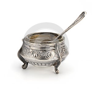 antiques silver saltcellar with silver spoon