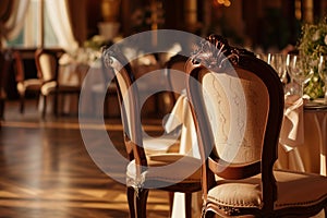 antiquestyle chair, unoccupied with elegant table setting, grand ballroom