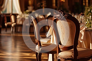 antiquestyle chair, unoccupied with elegant table setting, grand ballroom photo