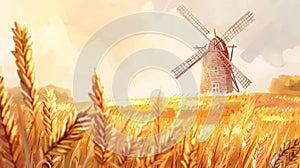 An antiquestyle illustration of a windmill surrounded by fields of grain with a soft warm gradient in the background