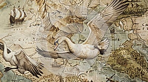 An antiquestyle map adorned with ornate illustrations of swans capturing the elegant movements of these migratory birds