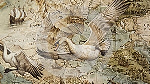 An antiquestyle map adorned with ornate illustrations of swans capturing the elegant movements of these migratory birds photo