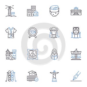 Antiquity line icons collection. Artifacts, Ruins, Pompeii, Colosseum, Pyramids, Mosaics, Mythology vector and linear photo