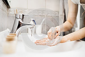 Antiseptic hand washing procedure with soap and water.Decontamination steps of good hand hygiene practice.Cleaning routine for