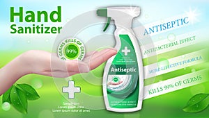 Antiseptic for hands spray dispenser. Hand Sanitizer ads in container with leaves elements. Antibacterial effect, best protection