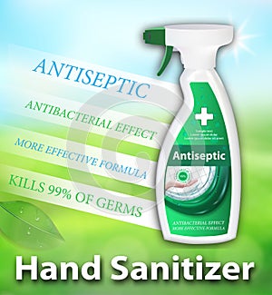 Antiseptic for hands and surfaces spray dispenser. Sanitizer ads in container. Antibacterial effect, best protection against