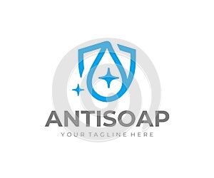 Antiseptic liquid logo design. Drop and shield vector design